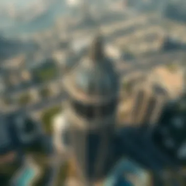 Aerial view of Jumeirah Lake Towers with Dome Tower as a focal point