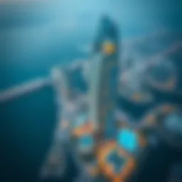 Stunning aerial view of Blue Bay Tower showcasing its modern architecture and surrounding landscape