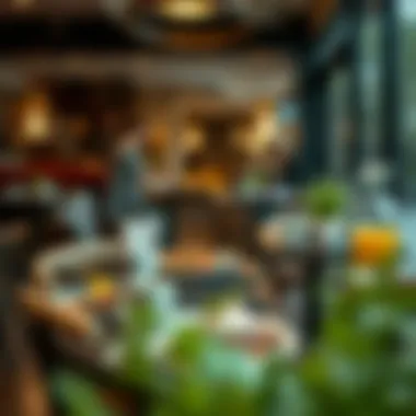 A vibrant café setting showcasing diverse international breakfast options