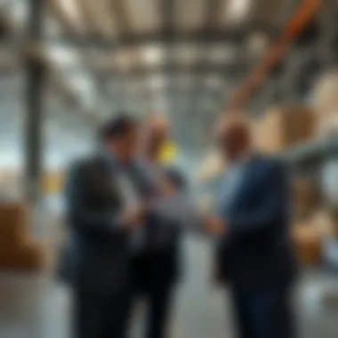 Business professionals examining warehouse property