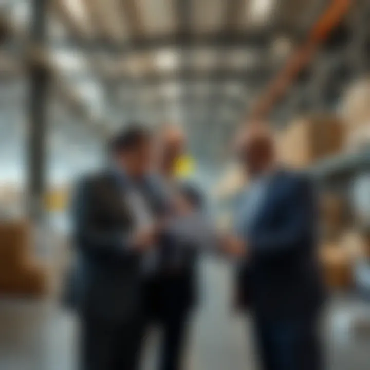 Business professionals examining warehouse property