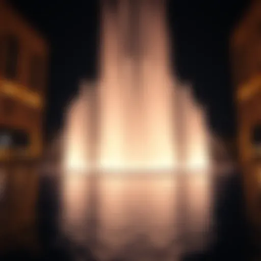 A mesmerizing view of the final fountain show illuminated by vibrant lights