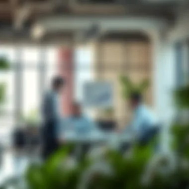 Collaborative Business Environment An open office space with workers engaged in discussions about business licensing
