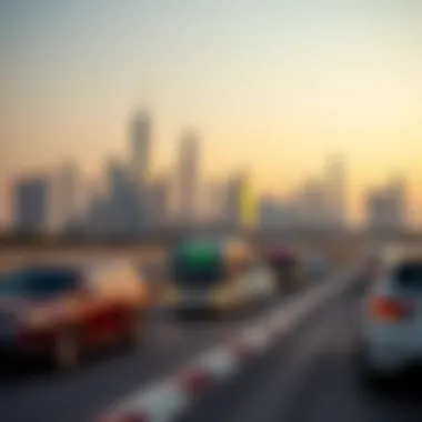 Dubai skyline with a focus on transportation vehicles