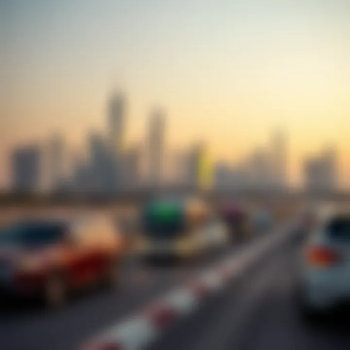 Dubai skyline with a focus on transportation vehicles