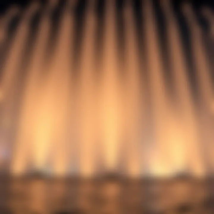 A close-up of water jets creating stunning patterns against the night sky